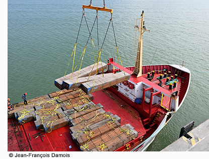 Déchargement de bois sur le port de Honfleur